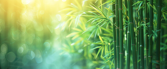 Banner, background green bamboo texture. Copy space.