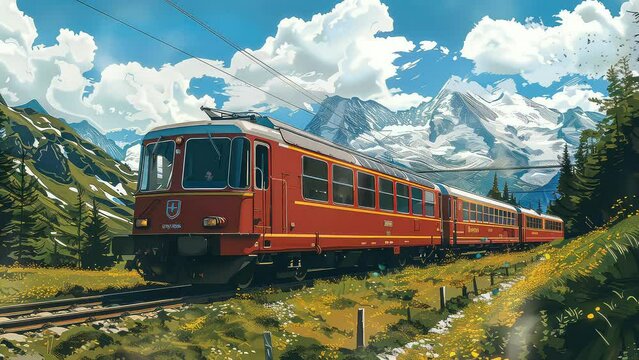 Animation amazing red train in the switzerland mountain. seamless 4k video looping background. generated with ai