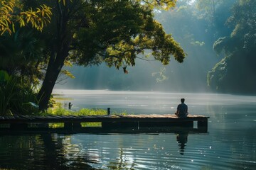 A serene scene with calming activities, promoting relaxation techniques to control hypertension