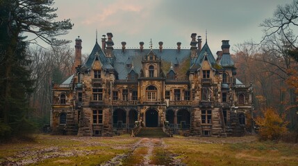 Mysterious Gothic Mansion in Autumn Forest