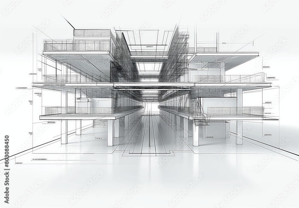 Poster Industrial building wireframe rendering with architectural and construction details