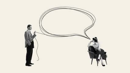 Finding connect. Woman with speech bubble over head looking at man holding line to her, dialogue....