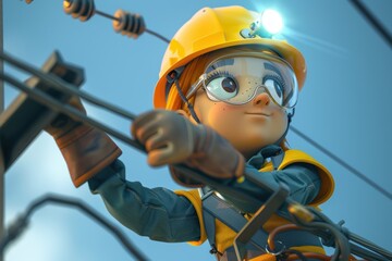 Fototapeta premium A cartoon girl is working on a power line