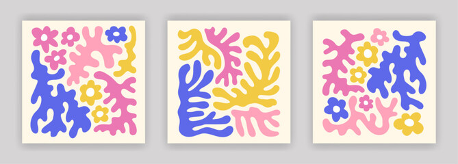 Abstract simple colorful flowers, leaves and corals composition set. Contemporary art interior poster designs. Naive drawing EPS 10 vector background collection.