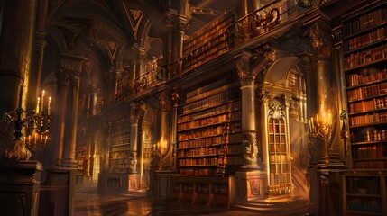 Majestic ancient library with gothic architecture and sunlight filtering through