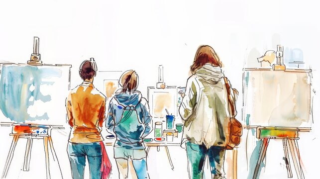 Watercolor of artists painting outdoors, perfect for art class promotions