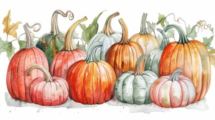 Watercolor painting of pumpkins, suitable for autumn and harvest themes