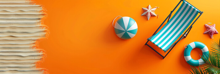 Beach chairs and beach ball against vibrant orange background. Summer leisure and vacation concept. Design for digital wallpapers, posters, and promotional materials.