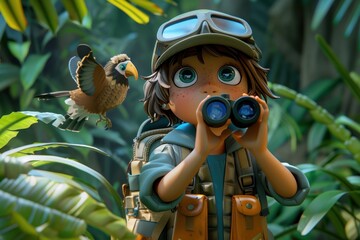 Naklejka premium A boy is looking through binoculars at a bird