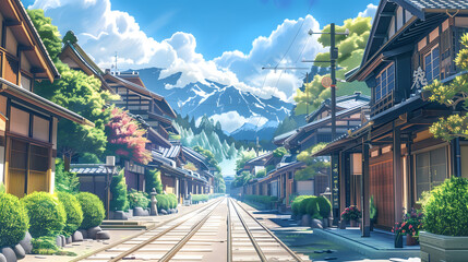 Japanese town with tracks in anime style on a sunny day