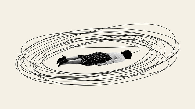 Pressures and societal expectations. Woman lying on floor with drawn strings forming circle around her. Contemporary art collage. Psychology, inner world, mental health, feelings. Conceptual design