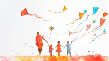 Dynamic watercolor kite flying, ideal for family activities and outdoor themes