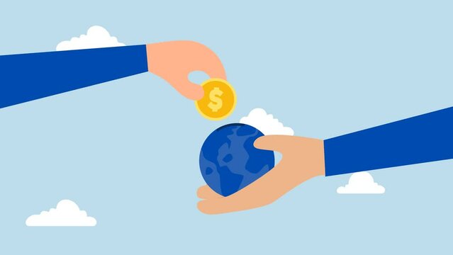 International economy, 4k animation of investor hand put a dollar coin into a globe coin.