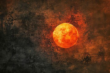 abstract orange sun at night with grungy texture and bright light