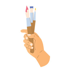 hand holding stained paintbrushes; artistic expression; creation; art classes - vector illustration