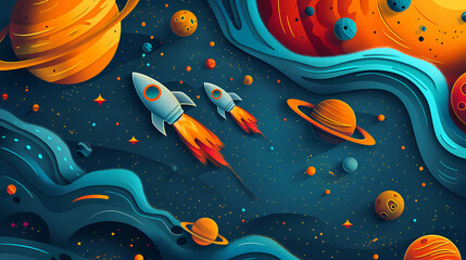 Seamless pattern with cartoon rockets blasting through a starry space with planets and moons