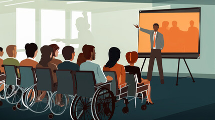 A flat design illustration of a wheelchair user giving a presentation in a conference room.