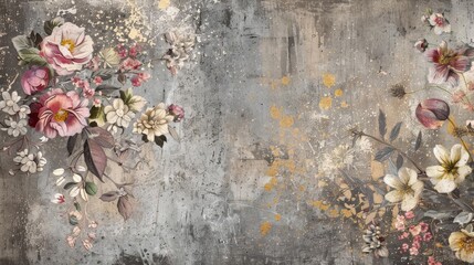 elegant floral arrangements on weathered concrete wall with gold accents vintage botanical decor digital painting