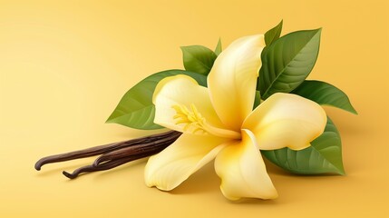 Illustration of a vibrant yellow magnolia flower with dark vanilla pods and lush green leaves on a yellow background.