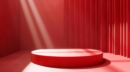 elegant red studio with sunlight reflection product display podium
