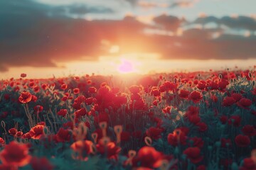 Field of poppies at sunset, Nature composition, Soft focus, Ai Generated