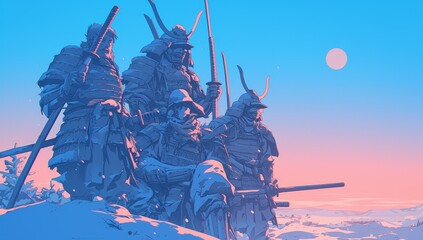 Giant samurai warriors in the snow, blue and pink sky, anime aesthetic 