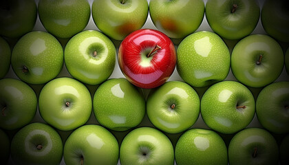 Extreme close-up of one beautiful red apple on top of a stack of many green apples. Standing out from the crowd, thinking outside the box, leadership and individuality concept. Generative Ai.