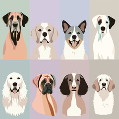 set of eight dogs of different breeds in vector style in pastel colors 