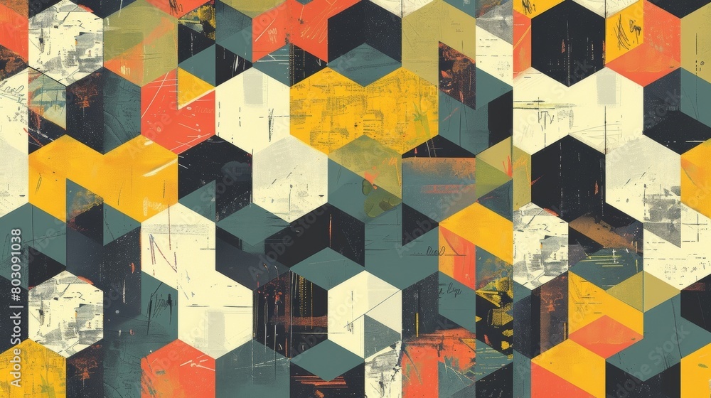 Poster a geometric pattern inspired by the buzzing wings of bees with a mix of bright and muted tones..