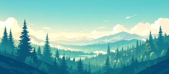 illustration of a forest landscape with mountains, trees and fog in the style of cartoon or anime. 