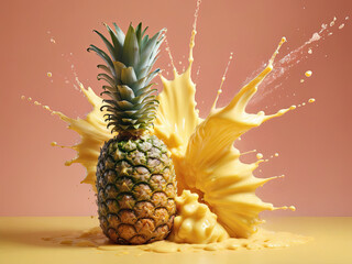 Pineapple submerged in water juice splash, showcasing ripe tropical fruit freshness