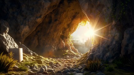 Sunlit ancient stone archway in a mystical cave with lush greenery.