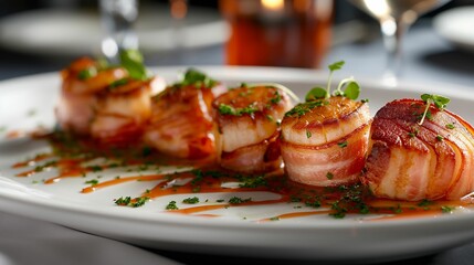 Seared scallops garnished with fresh herbs and drizzled with savory sauce on a white plate.