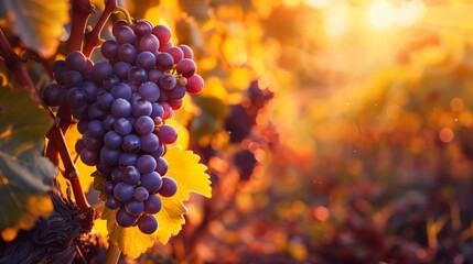 Close-up view of ripe purple grapes on the vine at sunset with warm sunlight filtering through.