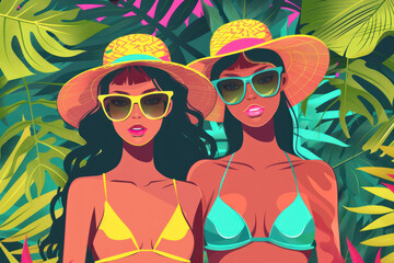 two stylish women in sunglasses and straw hats against a vibrant tropical background, summer vibe concept 
