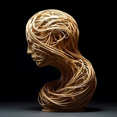 A sculpture of a human head made of branche