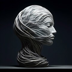 A sculpture of a human head made of branche