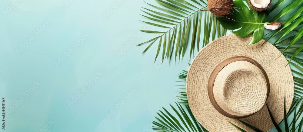 Canvas Prints Summer-themed arrangement featuring tropical palm leaves, a sun hat, and a coconut set against a soft blue backdrop. Depicting the essence of summer with a flat lay presentation, top view,