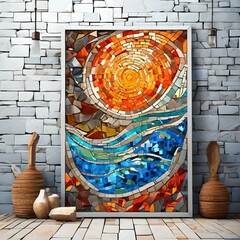 A mosaic painting stands on ground and decorative items next to it.