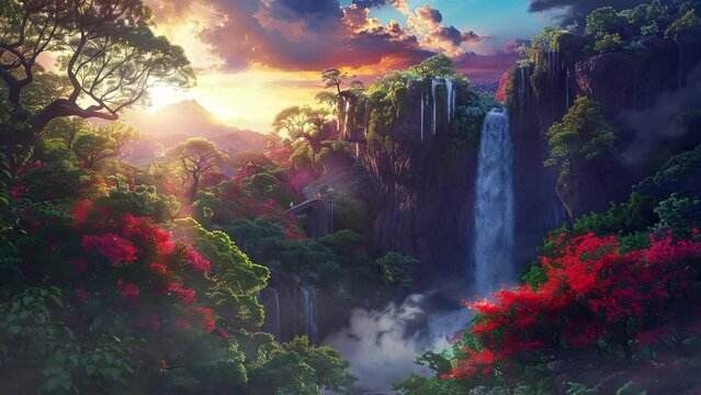 Illustration of zen landscape. Serenity illustration and good vibes with pleasant atmosphere. Pacific environment animation video.