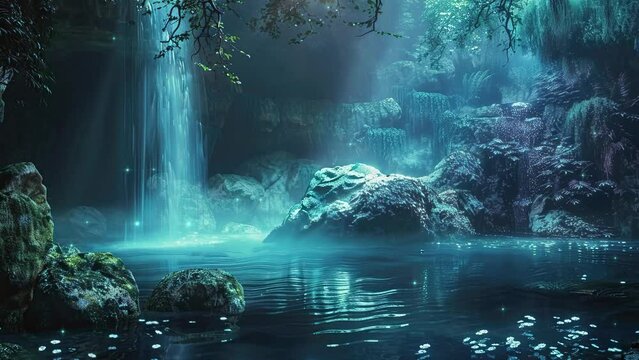 Zen and calm animation loop of natural cave with pool. 4k loop for serenity and ambient music video.