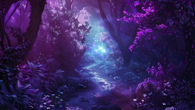 Fantasy magical landscape forest with blue and purple, Digital art. fairy in the forest. Animation fantasy landscape. For calm and relax music video.