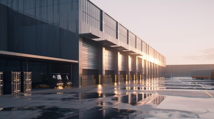 Modern warehouse exterior at sunset with trucks and glossy wet floor, reflecting sky and building lights.