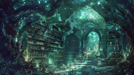 Enchanted forest library with mystical ambiance and magical books
