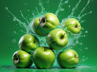 Fresh Green Apples in Water Splash