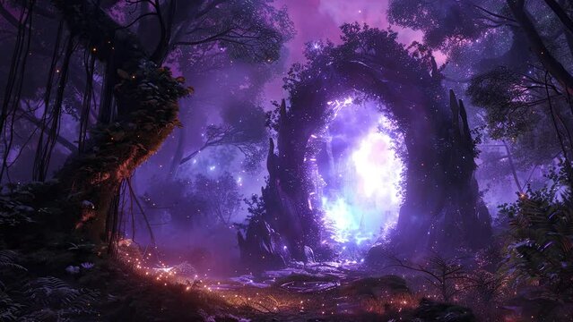 Magical portal door in dark forest. Brightly colored blue fairy. 4k fantasy video. For fantasy and epic music video.