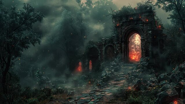 Fantasy and magical ruins with spirits animation with fireflies. Fairytale and ambient loop video.
