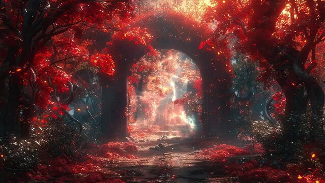 Magical portal door in dark forest. Brightly colored blue fairy. 4k fantasy video. For fantasy and epic music video.