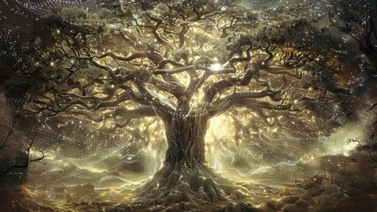 Beautiful tree with golden light and ambiance. Fantasy video. Loop animation for relaxing music video