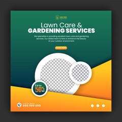 Modern lawn care garden or landscaping service for social media cover or post design template, organic food and agriculture web banner with abstract green gradient and yellow color shapes